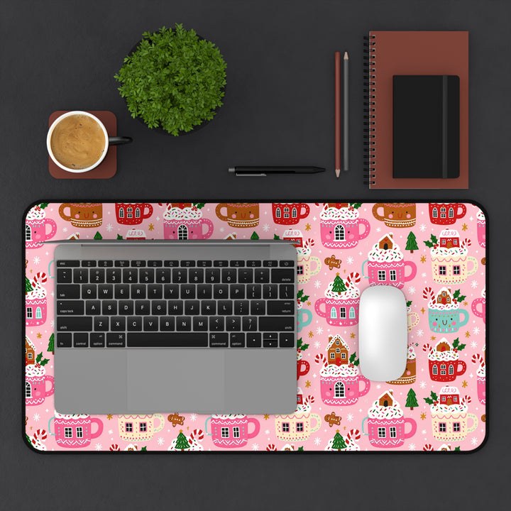 Pink Christmas Cocoa Desk Mat, Gingerbread Mug Desk Pad, Cute Holiday Large Mouse Pad
