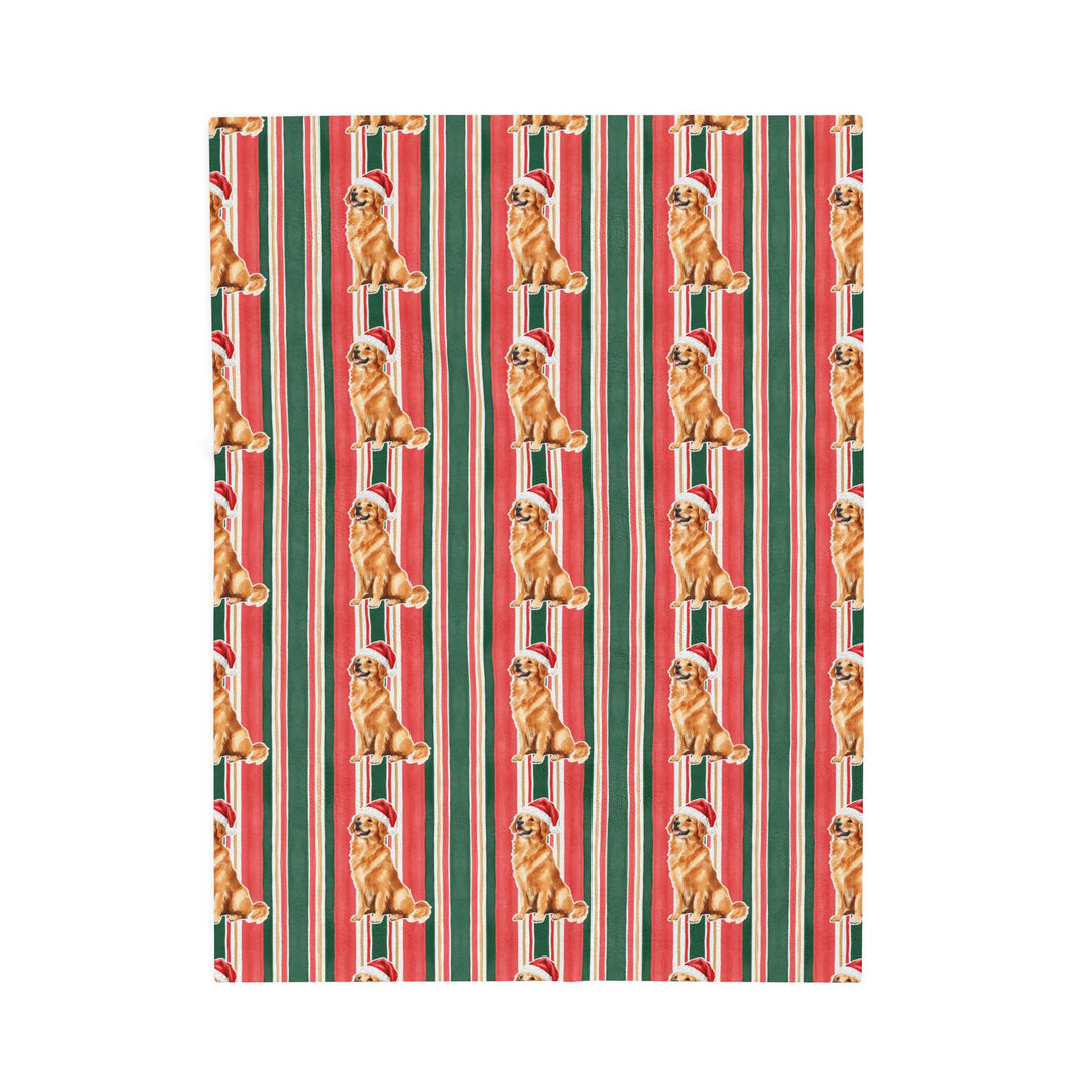 Golden Retriever Christmas Velveteen Plush Blanket, Classic Red Green Stripes, Santa Dog Throw