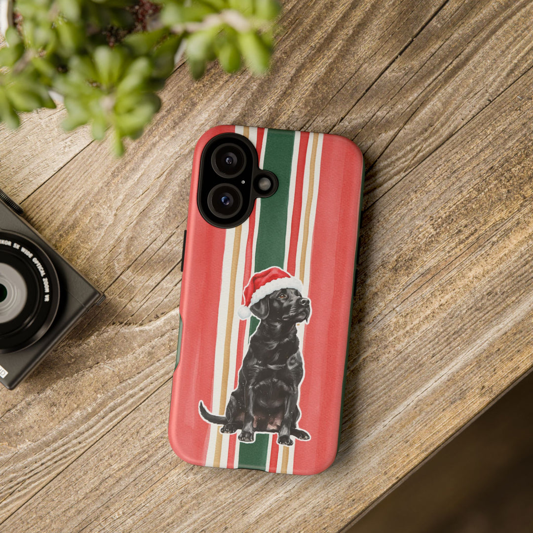 Black Labrador Christmas Tough iPhone Case, Classic Red Green Stripes, Santa Dog Phone Cover