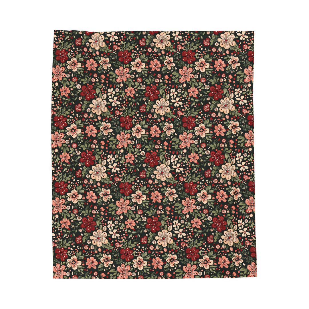 Retro Floral Velveteen Plush Blanket, Red Pink Flower Holiday Throw, Dark Botanical Christmas Gift