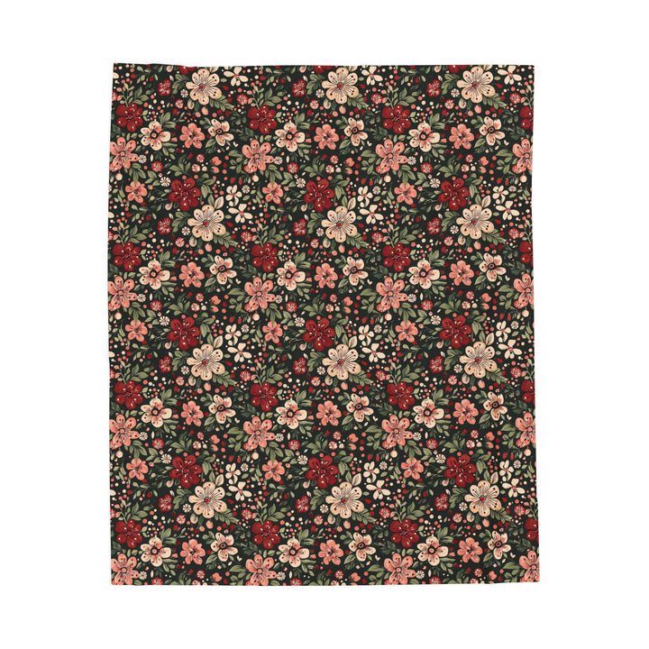 Retro Floral Velveteen Plush Blanket, Red Pink Flower Holiday Throw, Dark Botanical Christmas Gift
