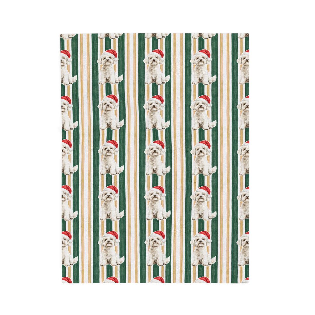Maltese Christmas Velveteen Plush Blanket, Green Gold Stripes, Santa Dog Throw