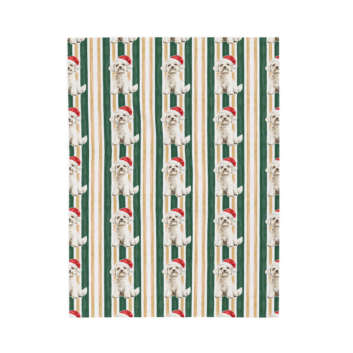 Maltese Christmas Velveteen Plush Blanket, Green Gold Stripes, Santa Dog Throw