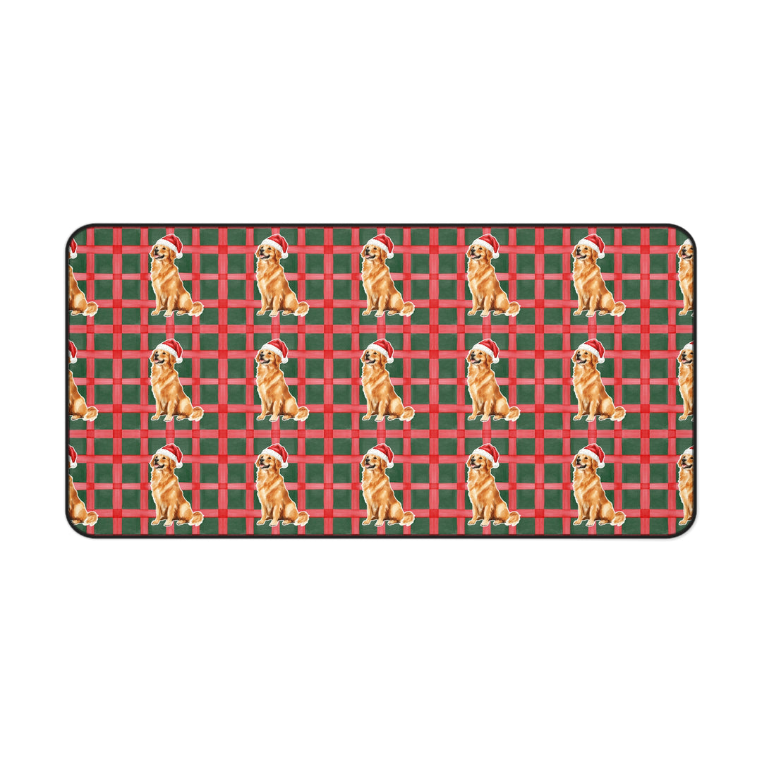 Golden Retriever Christmas Desk Mat, Red Green Plaid, Santa Dog Desk Pad
