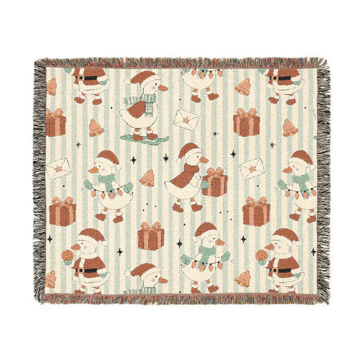 Christmas Goose Woven Blanket, Cute Holiday Geese Cotton Throw, Sage Stripe Christmas Sofa Decor