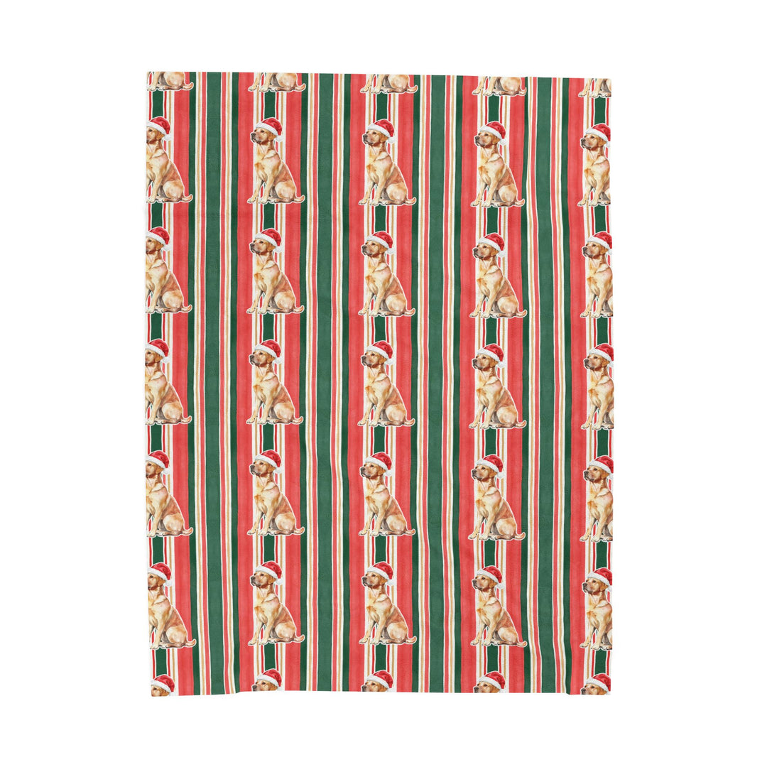 Yellow Labrador Christmas Velveteen Plush Blanket, Classic Red Green Stripes, Santa Dog Throw