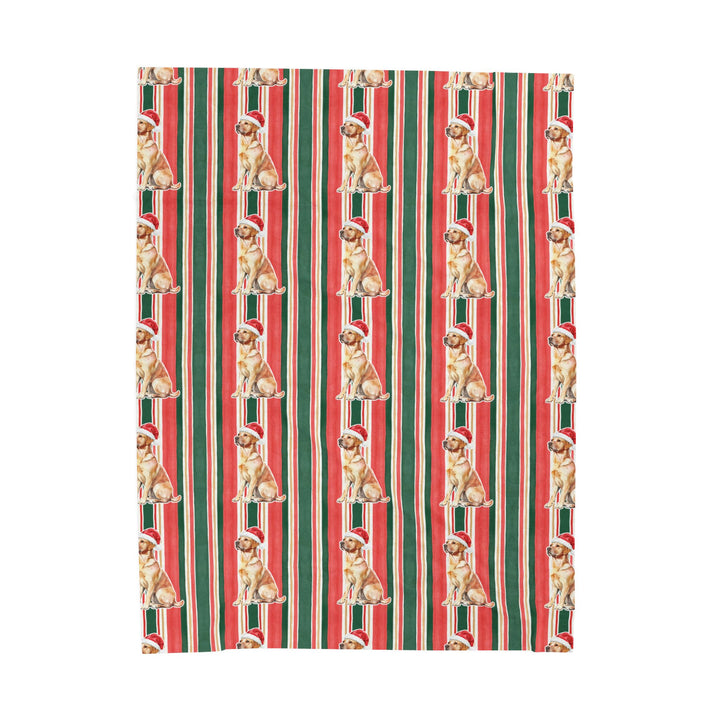 Yellow Labrador Christmas Velveteen Plush Blanket, Classic Red Green Stripes, Santa Dog Throw