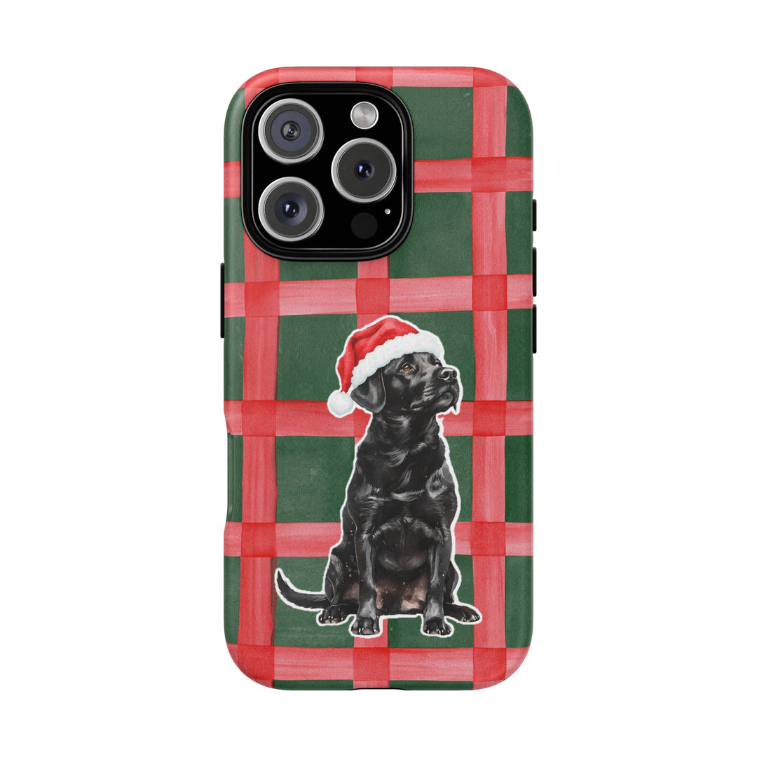Black Labrador Christmas Tough iPhone Case, Red Green Plaid, Santa Dog Phone Cover