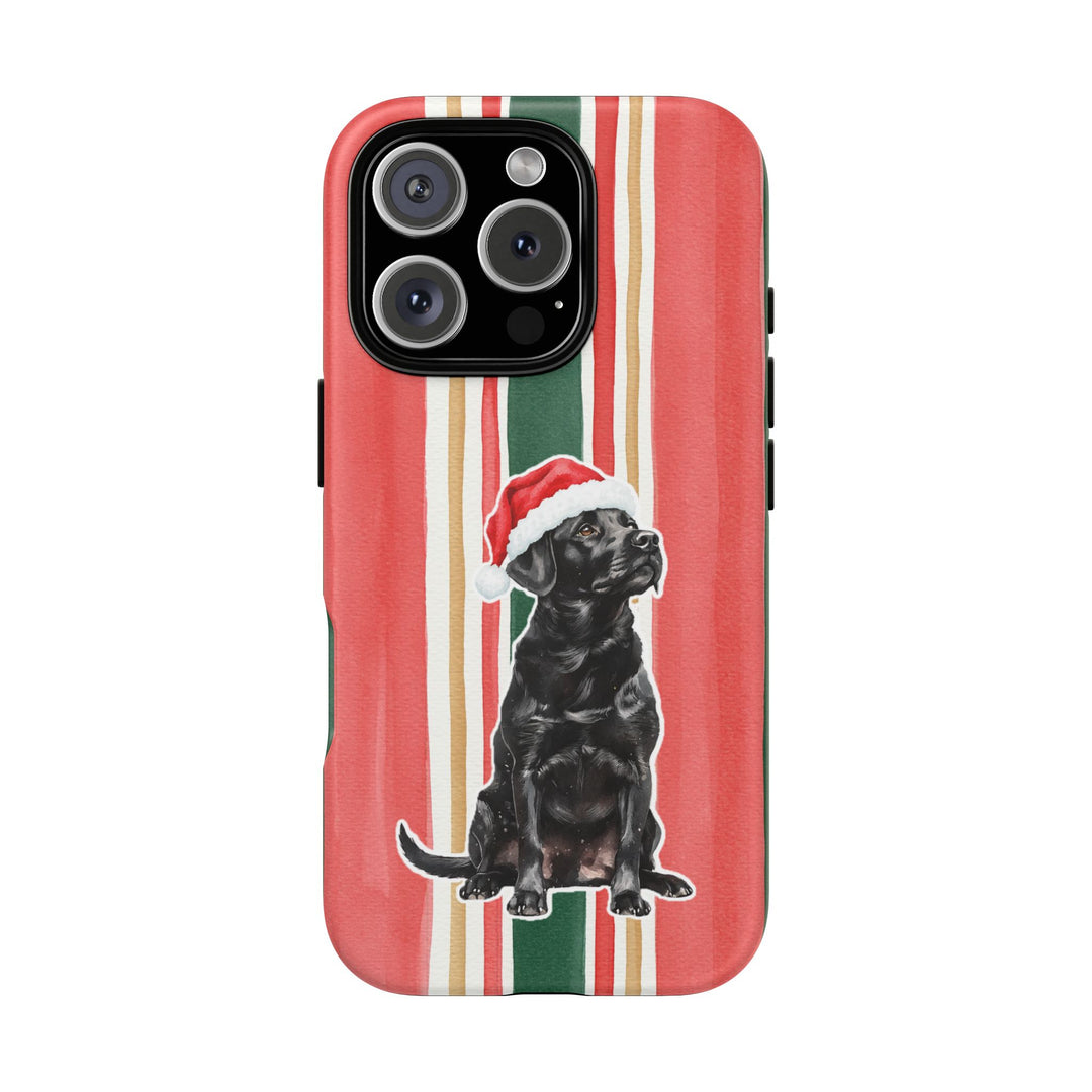 Black Labrador Christmas Tough iPhone Case, Classic Red Green Stripes, Santa Dog Phone Cover