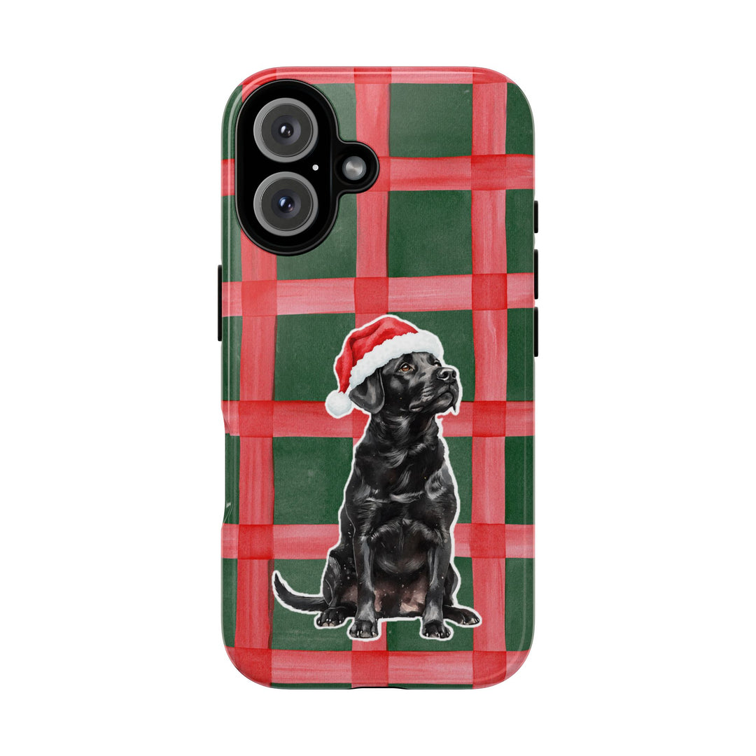 Black Labrador Christmas Tough iPhone Case, Red Green Plaid, Santa Dog Phone Cover