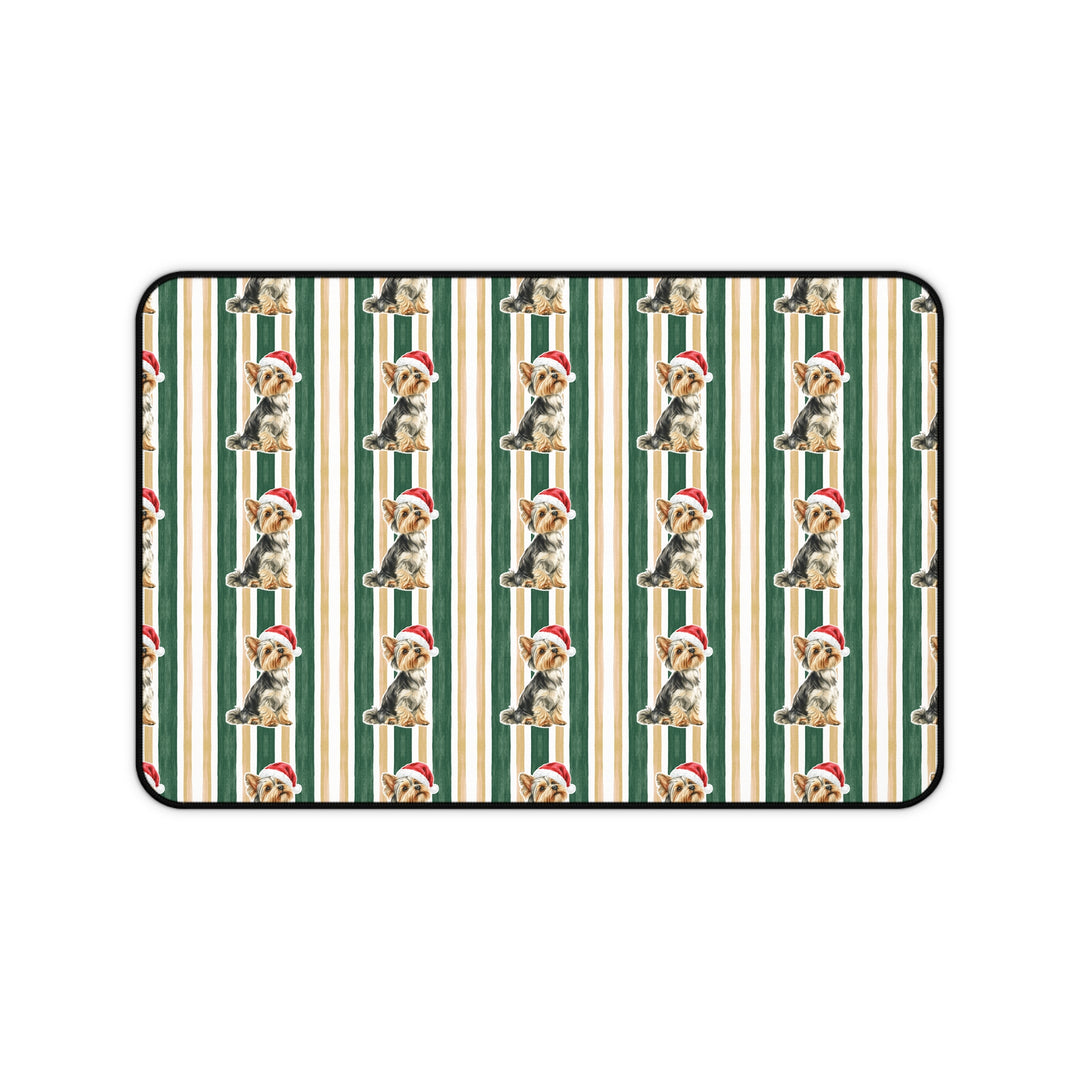 Yorkshire Terrier Christmas Desk Mat, Green Gold Stripes, Santa Dog Desk Pad