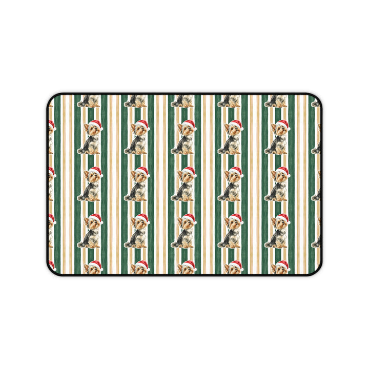 Yorkshire Terrier Christmas Desk Mat, Green Gold Stripes, Santa Dog Desk Pad