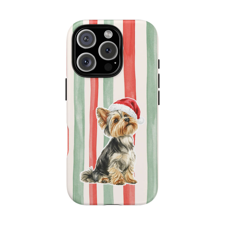 Yorkshire Terrier Christmas Tough iPhone Case, Red Sage Stripes, Santa Dog Phone Cover