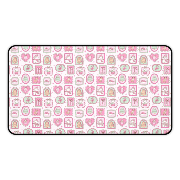Pink Christmas Frames Desk Mat, Pastel Snowman and Reindeer Desk Pad, Cute Holiday Large Mouse Pad