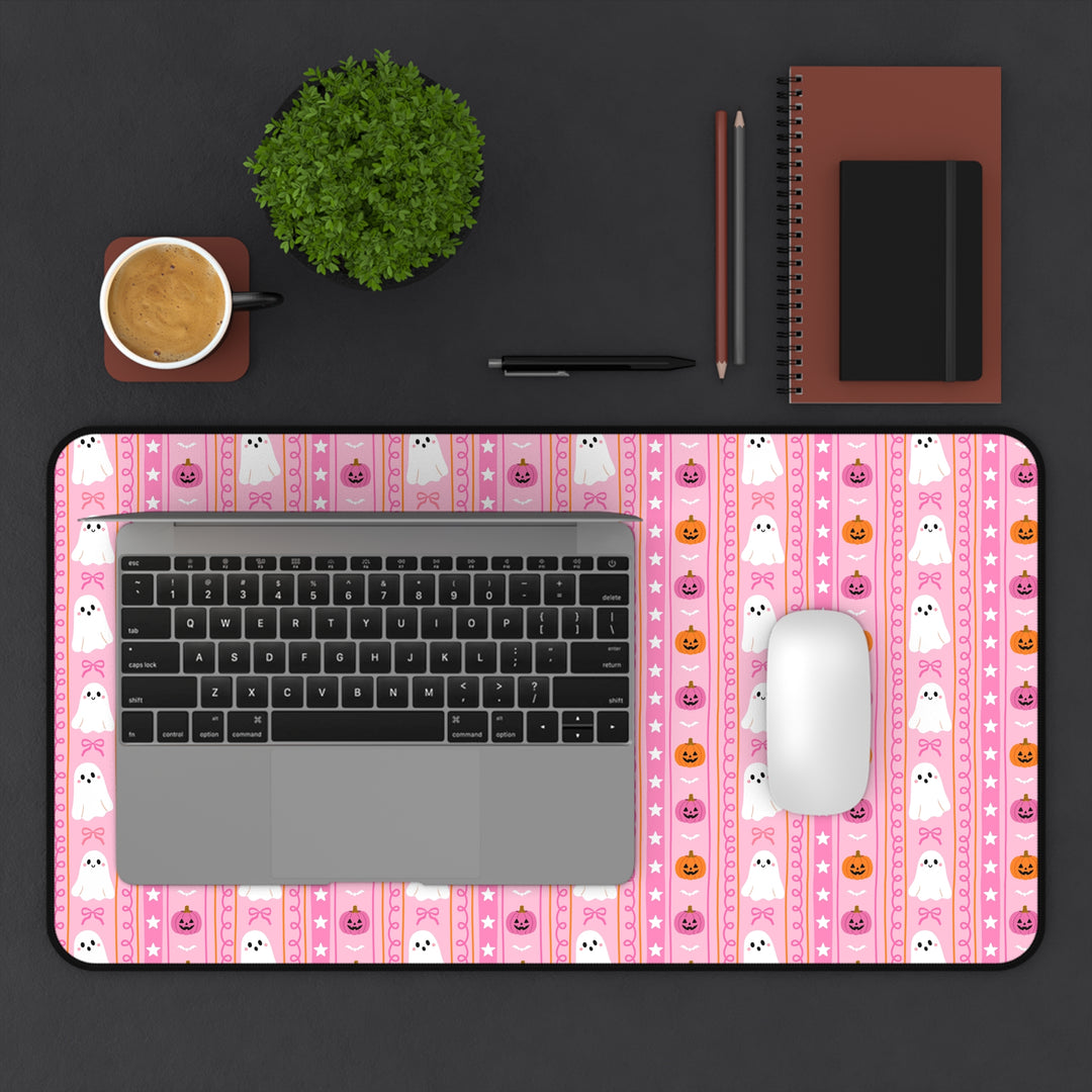 Pink Ghost Stripe Desk Mat, Cute Halloween Pumpkin and Bow Desk Pad, Spooky Large Mouse Pad