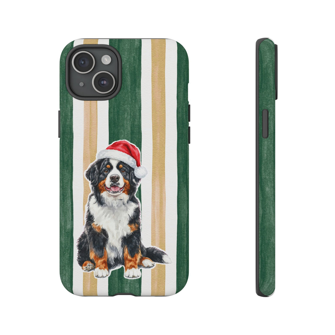 Bernese Mountain Dog Christmas Tough iPhone Case, Green Gold Stripes, Santa Dog Phone Cover