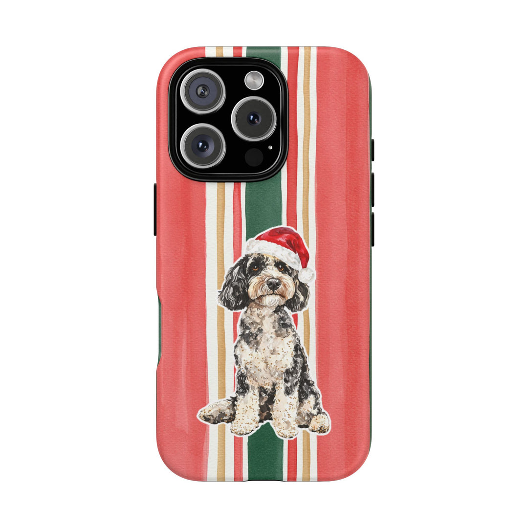Doodle Christmas Tough iPhone Case, Classic Red Green Stripes, Santa Dog Phone Cover