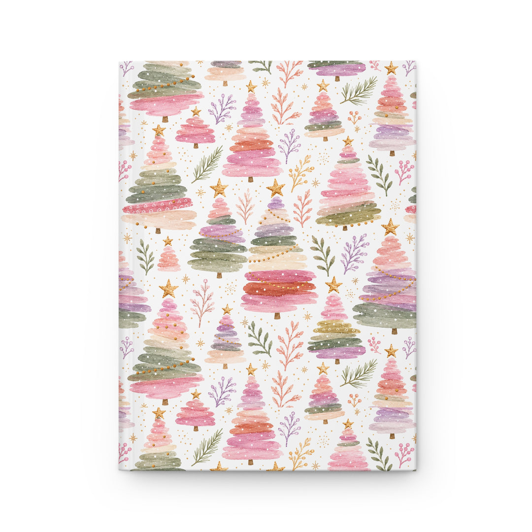 Pastel Watercolor Christmas Tree Hardcover Notebook, Pink Sage Lined Journal, Cute Holiday Stationery Gift