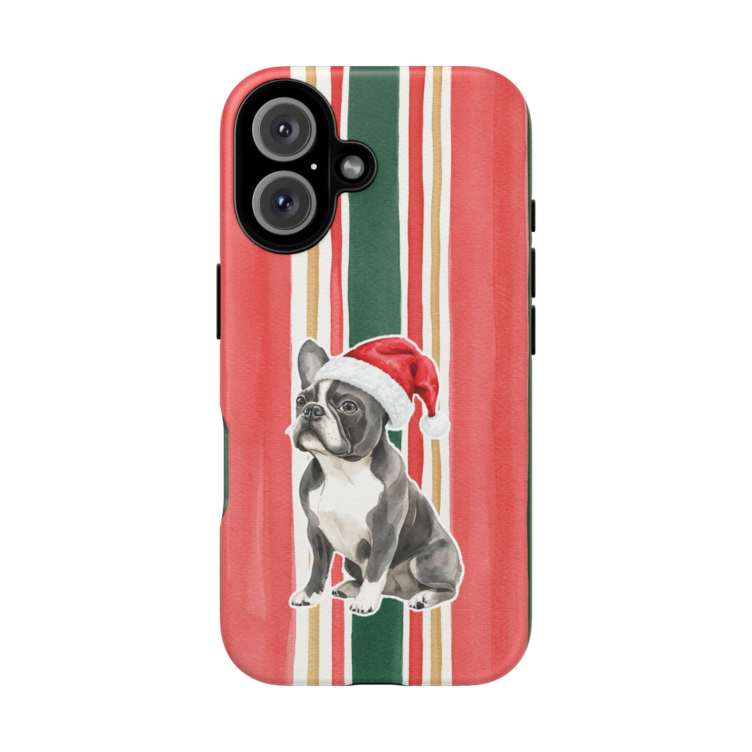 French Bulldog Christmas Tough iPhone Case, Classic Red Green Stripes, Santa Dog Phone Cover