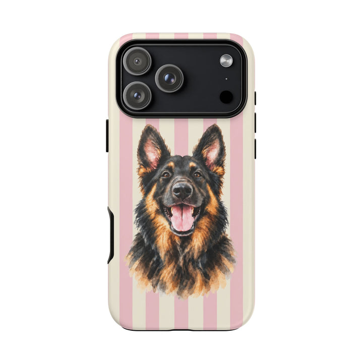 Custom Watercolor Dog iPhone Case, Light Pink Cream Stripes, Personalized Pet Photo Tough Cover