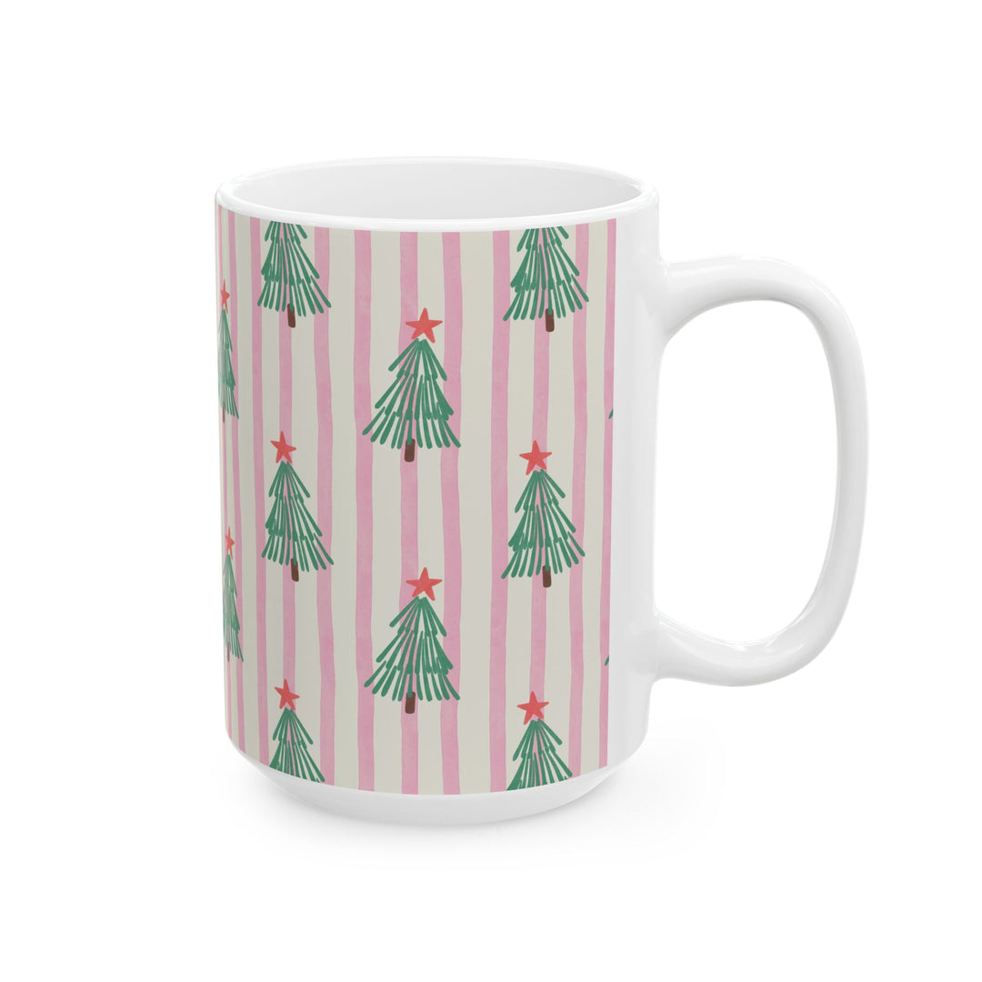 Pink Stripe Christmas Tree Ceramic Mug, Retro Green Tree Coffee Cup, Holiday Tea Gift, 11oz and 15oz