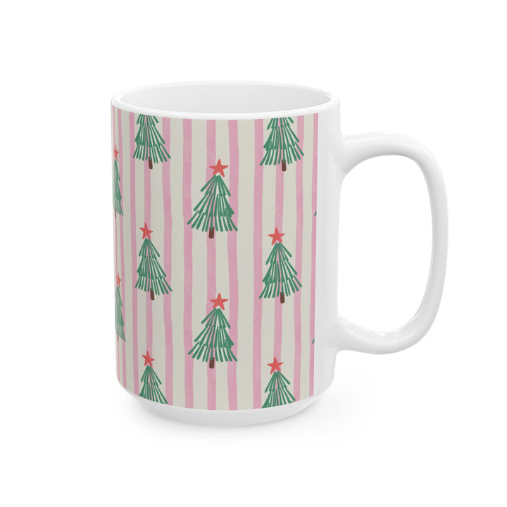 Pink Stripe Christmas Tree Ceramic Mug, Retro Green Tree Coffee Cup, Holiday Tea Gift, 11oz and 15oz