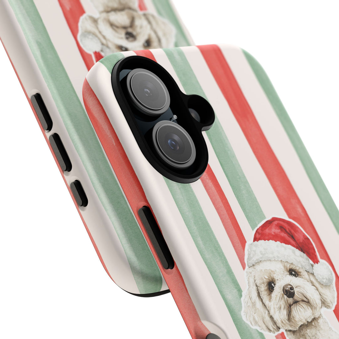 Maltese Christmas Tough iPhone Case, Red Sage Stripes, Santa Dog Phone Cover