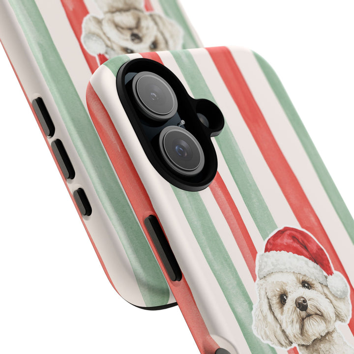 Maltese Christmas Tough iPhone Case, Red Sage Stripes, Santa Dog Phone Cover