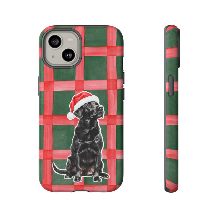 Black Labrador Christmas Tough iPhone Case, Red Green Plaid, Santa Dog Phone Cover