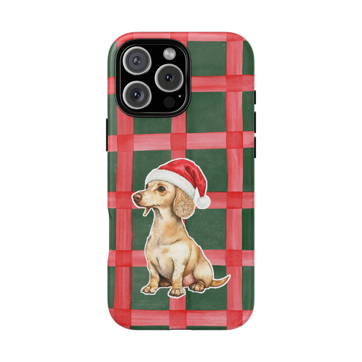Dachshund Christmas Tough iPhone Case, Red Green Plaid, Santa Dog Phone Cover