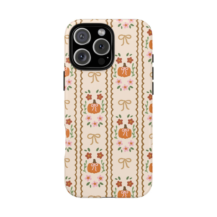 Girly Fall Pumpkin Bow Tough iPhone Case, Scalloped Floral Autumn Phone Cover, Matte or Glossy