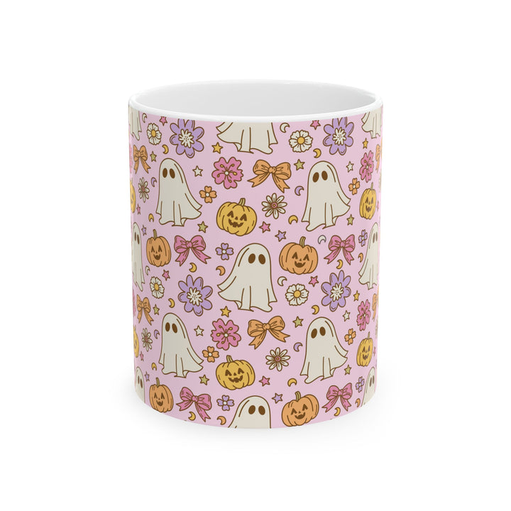 Pink Ghost Bow Ceramic Mug, Floral Pumpkin Halloween Coffee Cup, Cute Pastel Spooky Gift, 11oz and 15oz