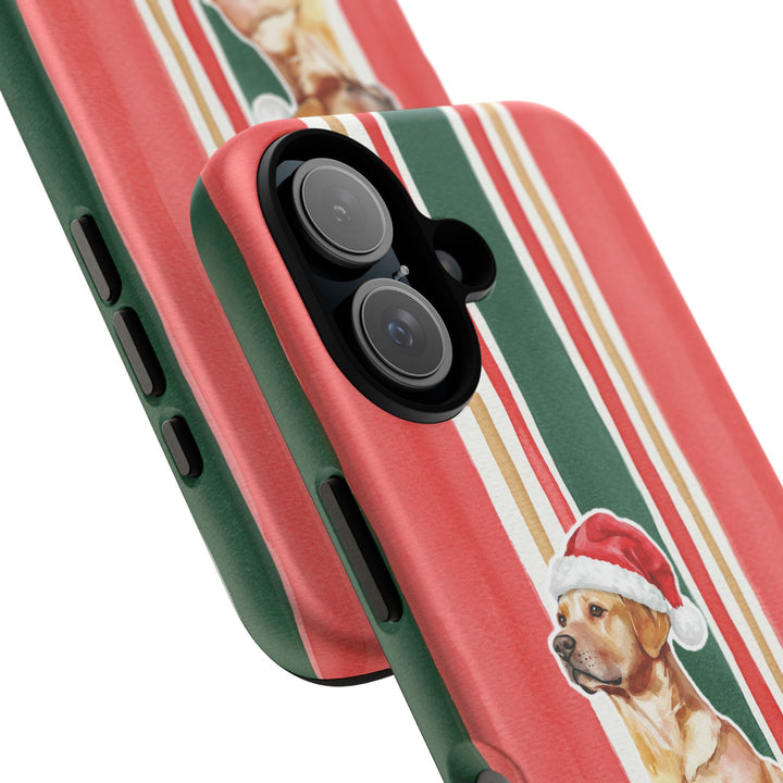 Yellow Labrador Christmas Tough iPhone Case, Classic Red Green Stripes, Santa Dog Phone Cover