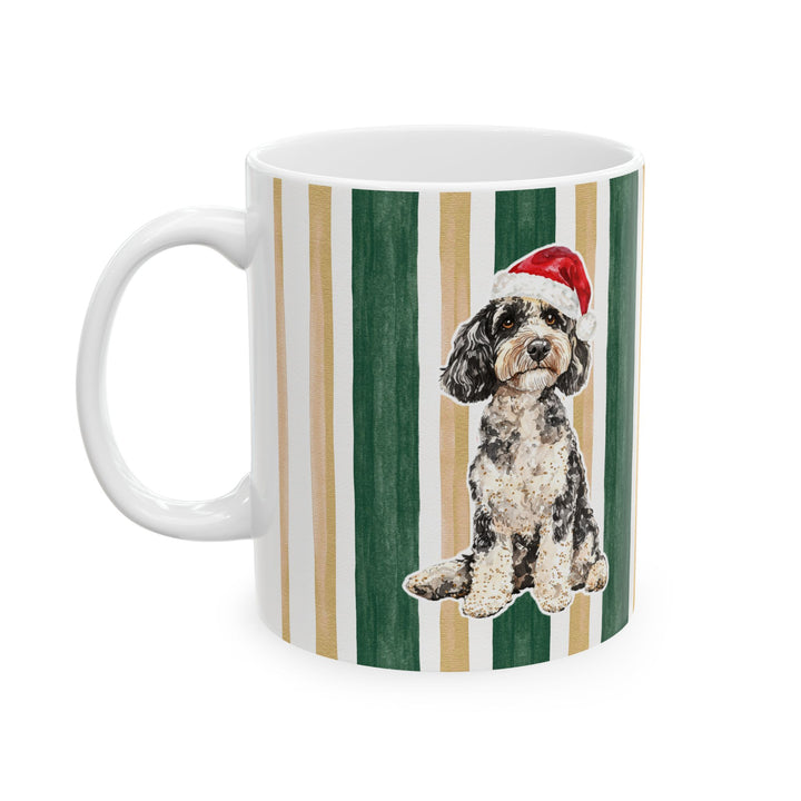 Doodle Christmas Mug, Green Gold Stripes, 11oz White Ceramic