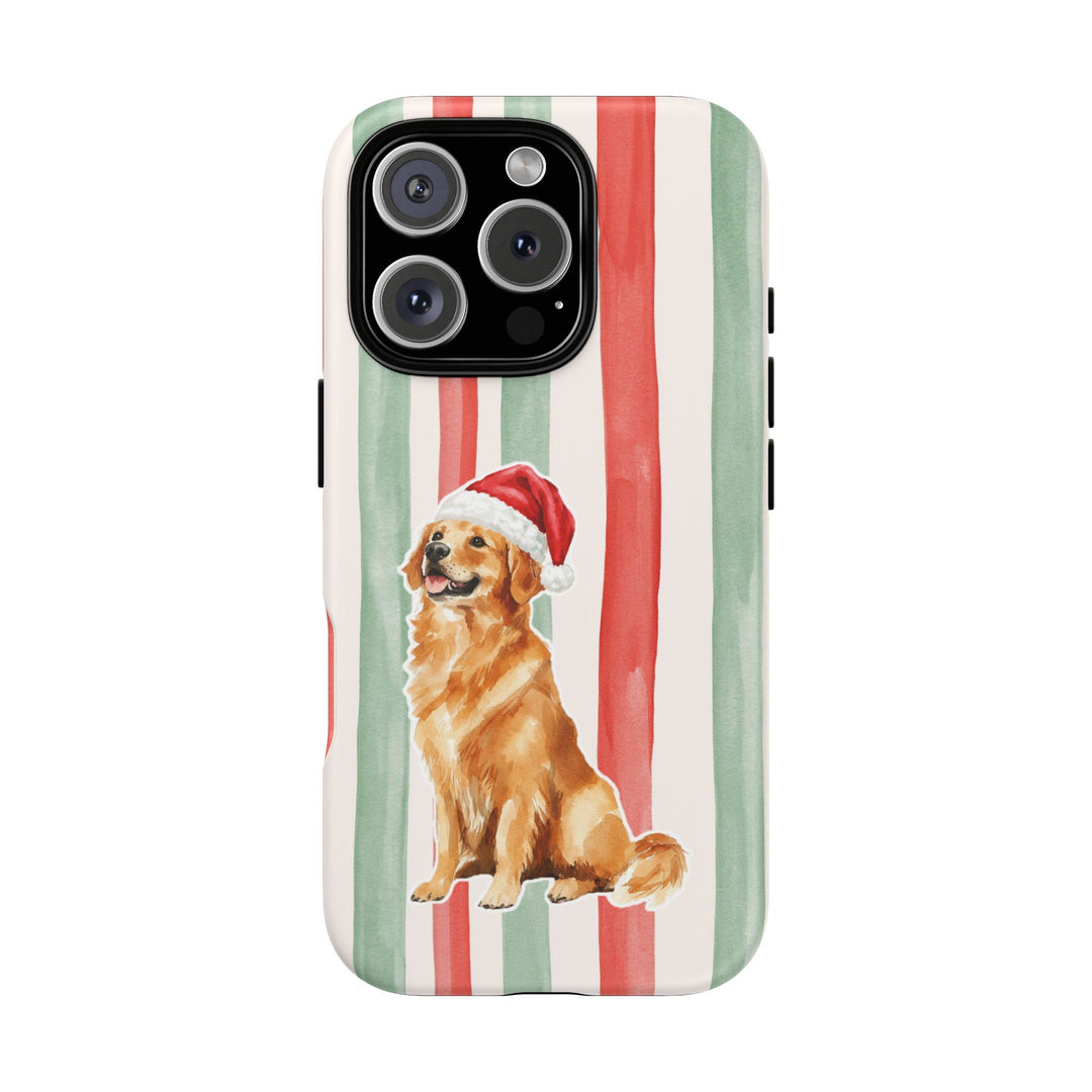 Golden Retriever Christmas Tough iPhone Case, Red Sage Stripes, Santa Dog Phone Cover