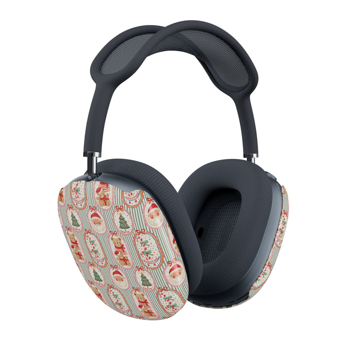 Vintage Santa Teddy Bear AirPods Max Case Covers, Christmas Ear Cup Shells, Candy Cane Holiday Pattern, Matte or Glossy