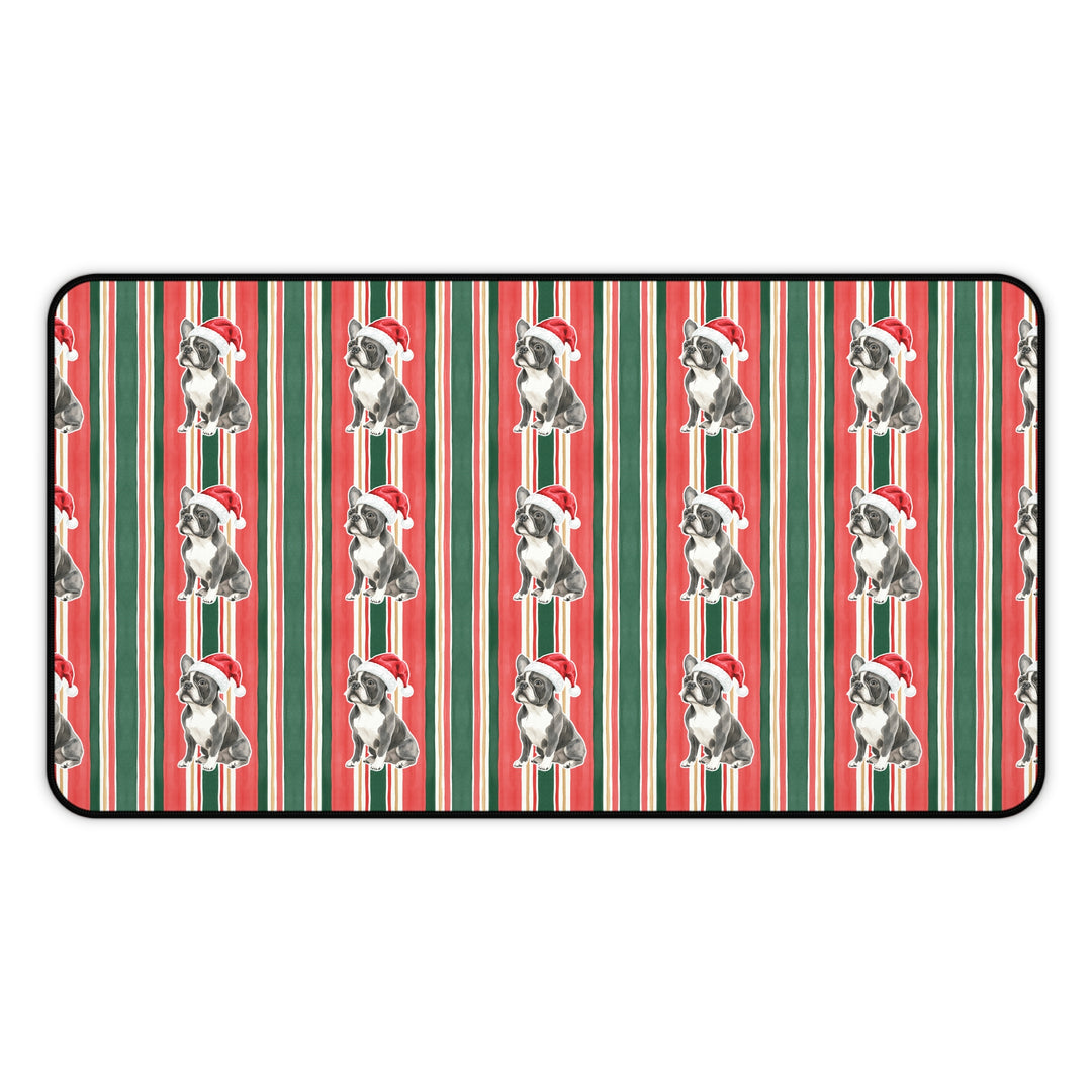 French Bulldog Christmas Desk Mat, Classic Red Green Stripes, Santa Dog Desk Pad