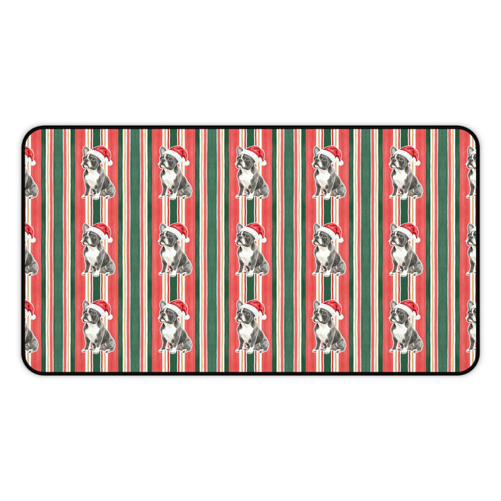 French Bulldog Christmas Desk Mat, Classic Red Green Stripes, Santa Dog Desk Pad