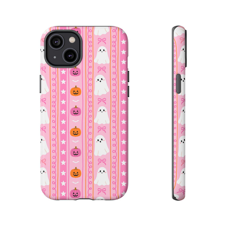 Pink Ghost Stripe Tough iPhone Case, Cute Halloween Pumpkin Bow Phone Cover, Matte or Glossy