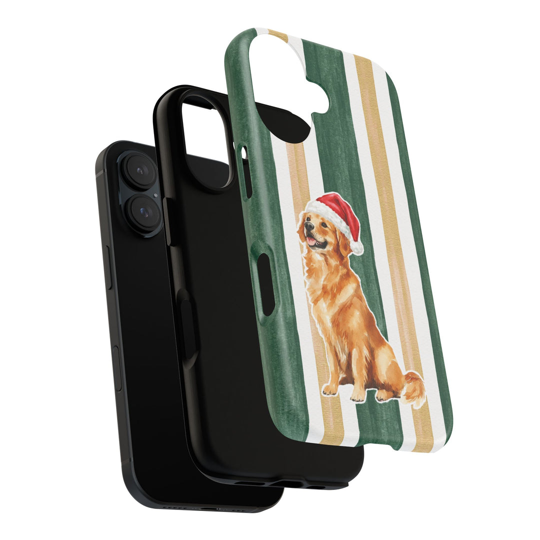 Golden Retriever Christmas Tough iPhone Case, Green Gold Stripes, Santa Dog Phone Cover