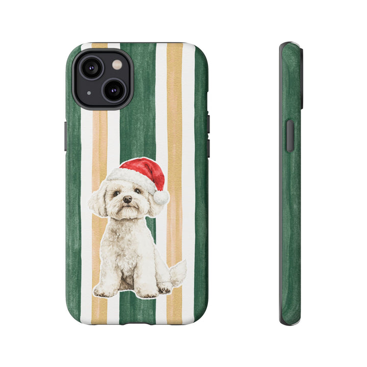 Maltese Christmas Tough iPhone Case, Green Gold Stripes, Santa Dog Phone Cover