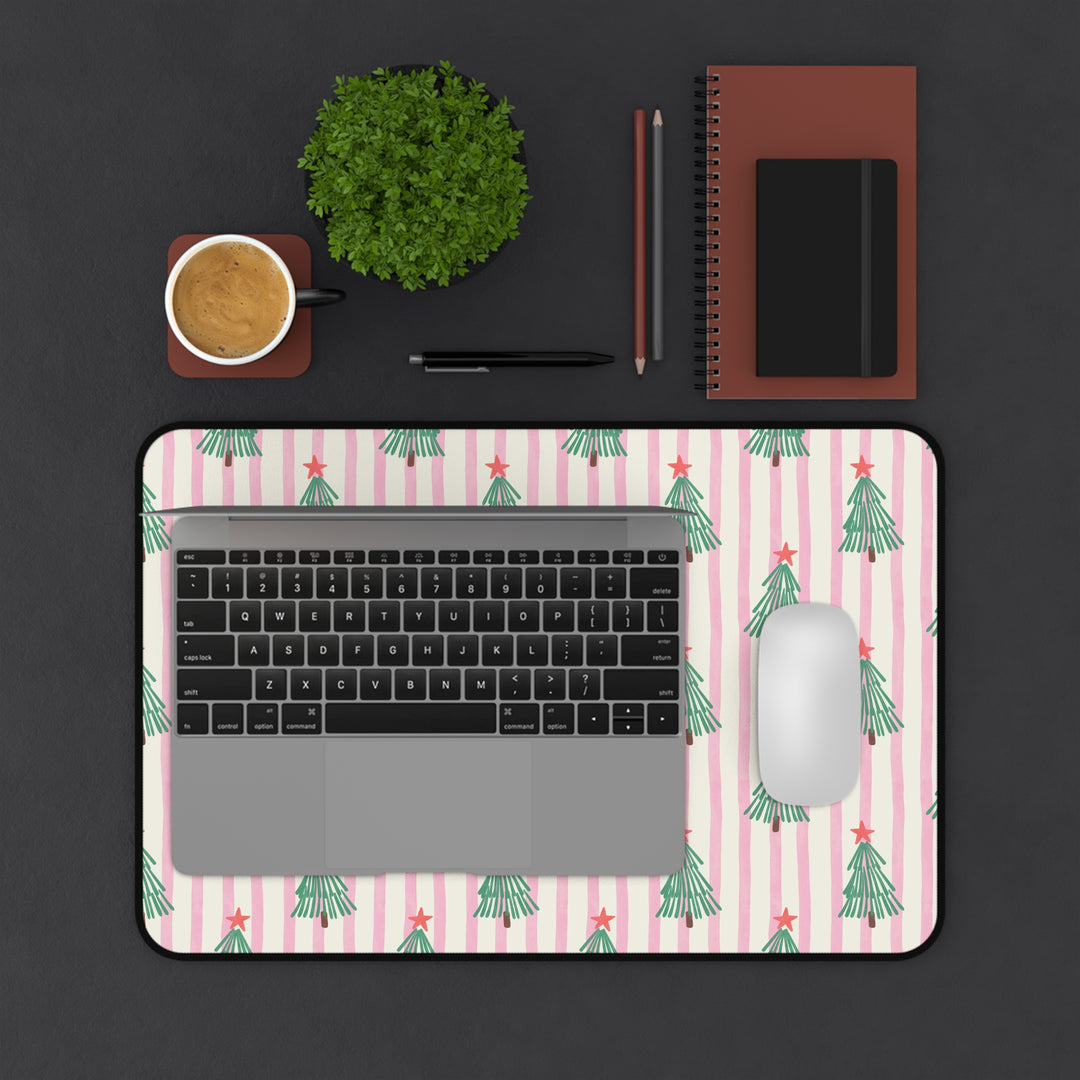 Retro Christmas Tree Desk Mat, Pink Stripe Holiday Desk Pad, Green Trees and Red Stars Office Decor
