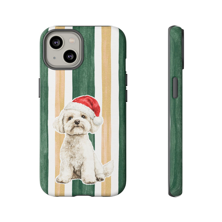 Maltese Christmas Tough iPhone Case, Green Gold Stripes, Santa Dog Phone Cover