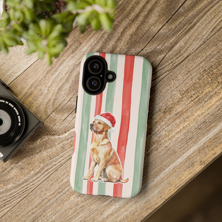 Yellow Labrador Christmas Tough iPhone Case, Red Sage Stripes, Santa Dog Phone Cover