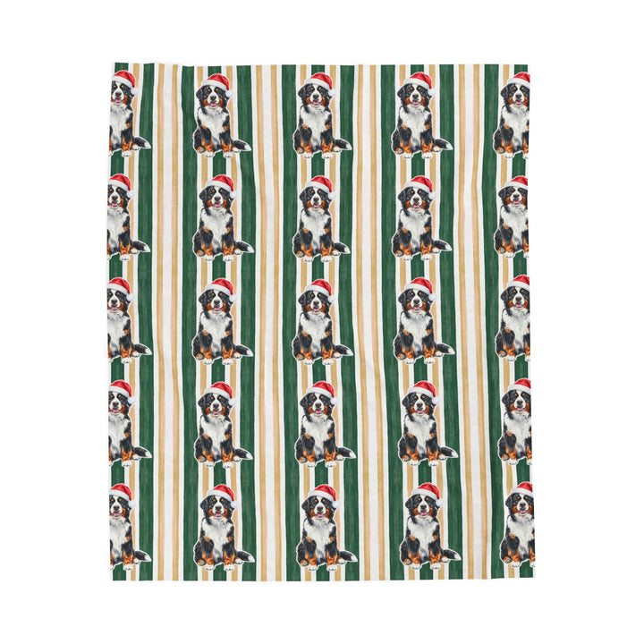 Bernese Mountain Dog Christmas Velveteen Plush Blanket, Green Gold Stripes, Santa Dog Throw