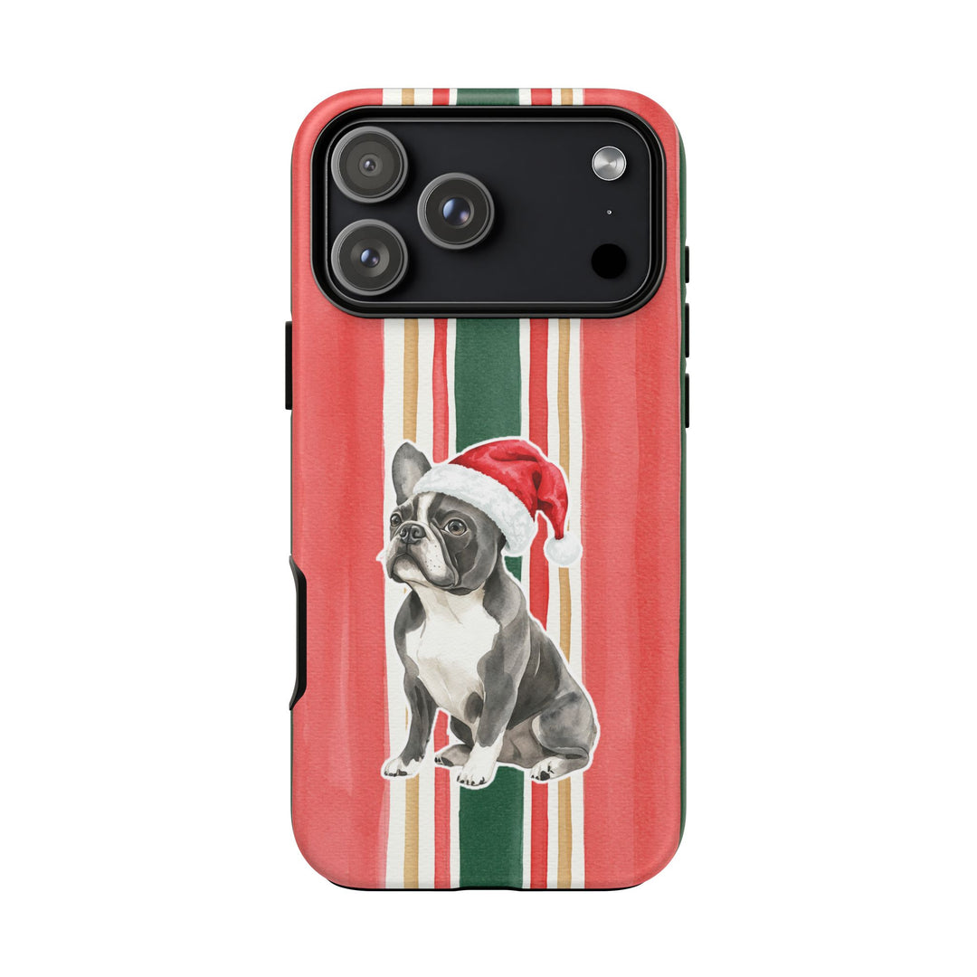 French Bulldog Christmas Tough iPhone Case, Classic Red Green Stripes, Santa Dog Phone Cover