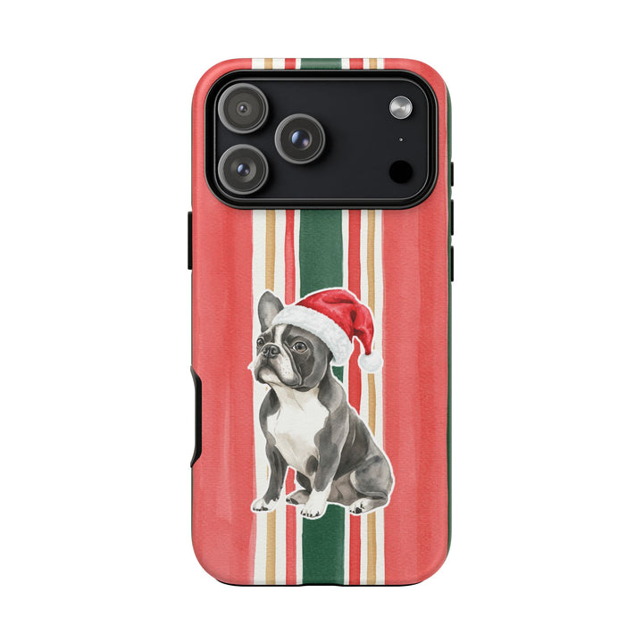 French Bulldog Christmas Tough iPhone Case, Classic Red Green Stripes, Santa Dog Phone Cover
