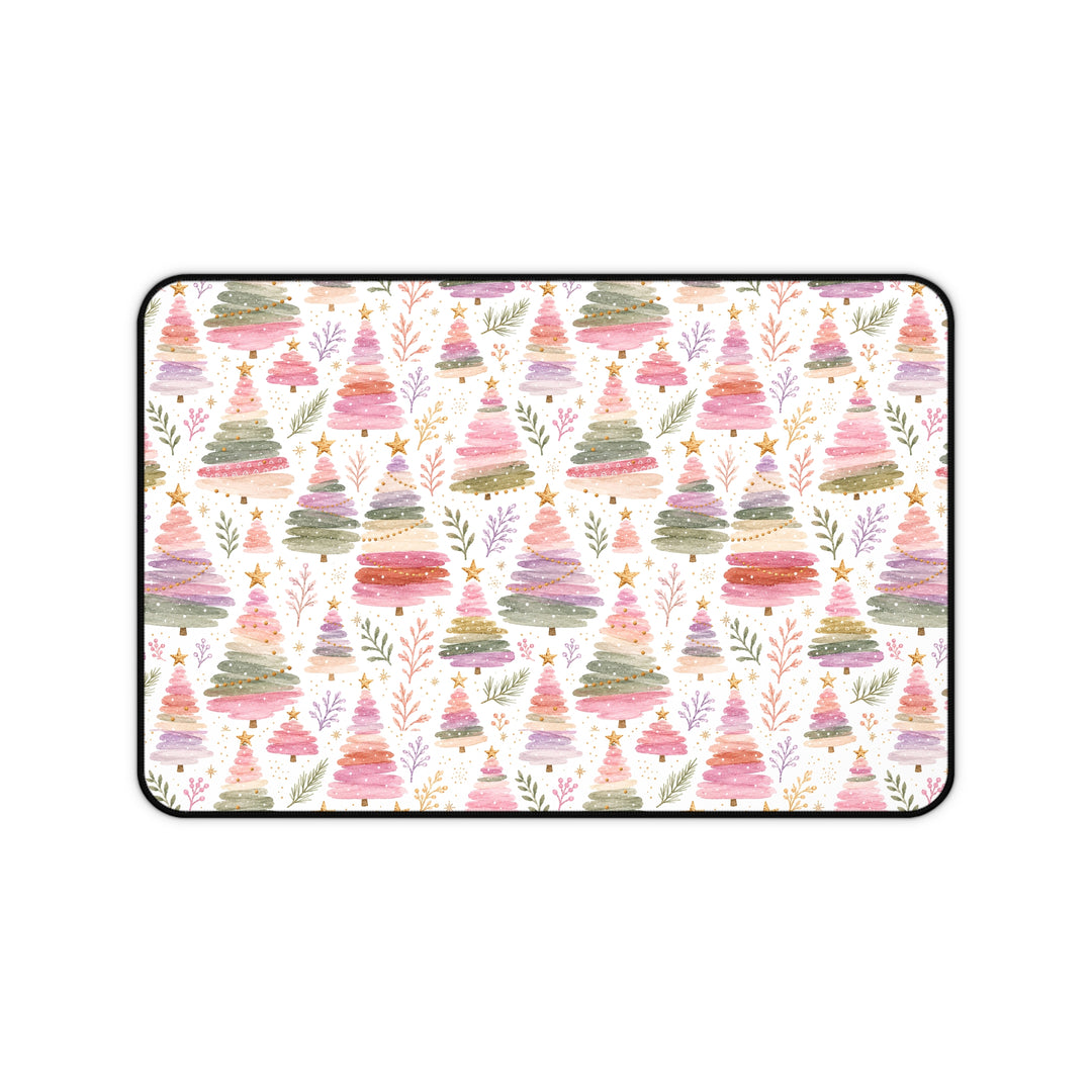 Pastel Watercolor Christmas Tree Desk Mat, Pink Sage Lavender Holiday Desk Pad, Cozy Office Decor