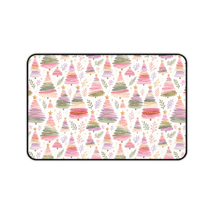 Pastel Watercolor Christmas Tree Desk Mat, Pink Sage Lavender Holiday Desk Pad, Cozy Office Decor