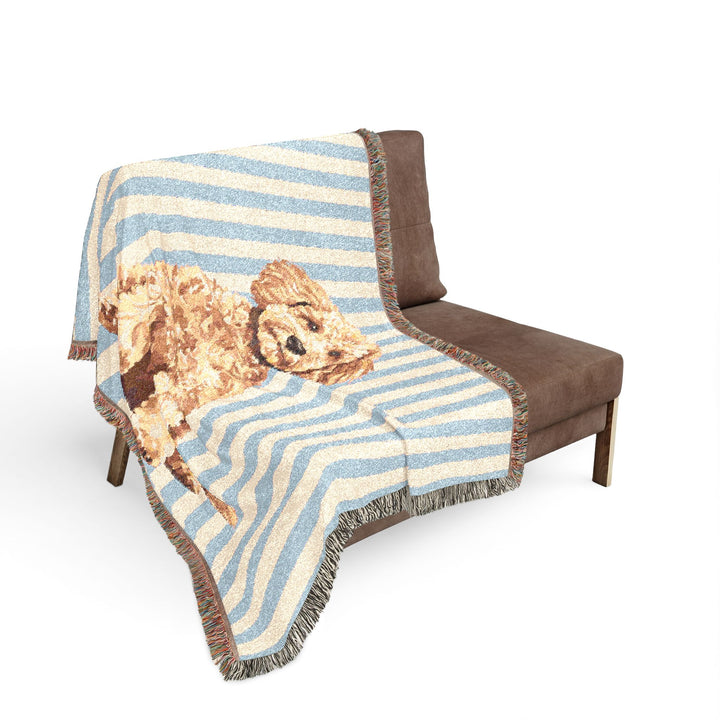 Goldendoodle Woven Blanket, Blue Stripe Cotton Throw, Doodle Mom Gift, 60 x 50